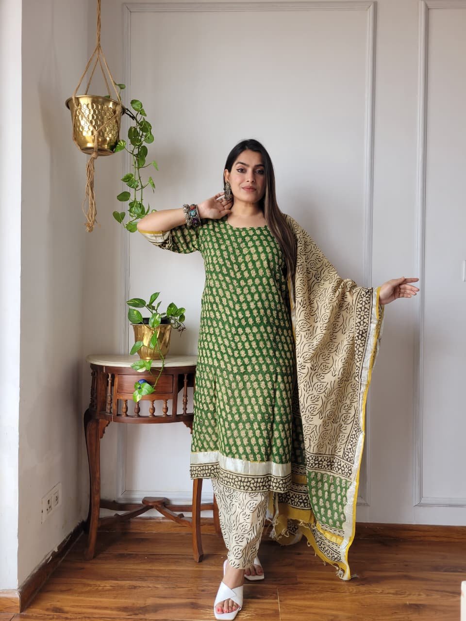 Green Bagru Hand Block Printed Linen Suit Set